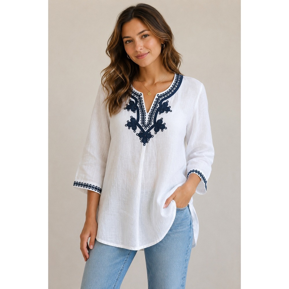 Symple‎ NYC Linen Tunic Top White Navy Embroidered Boho Large